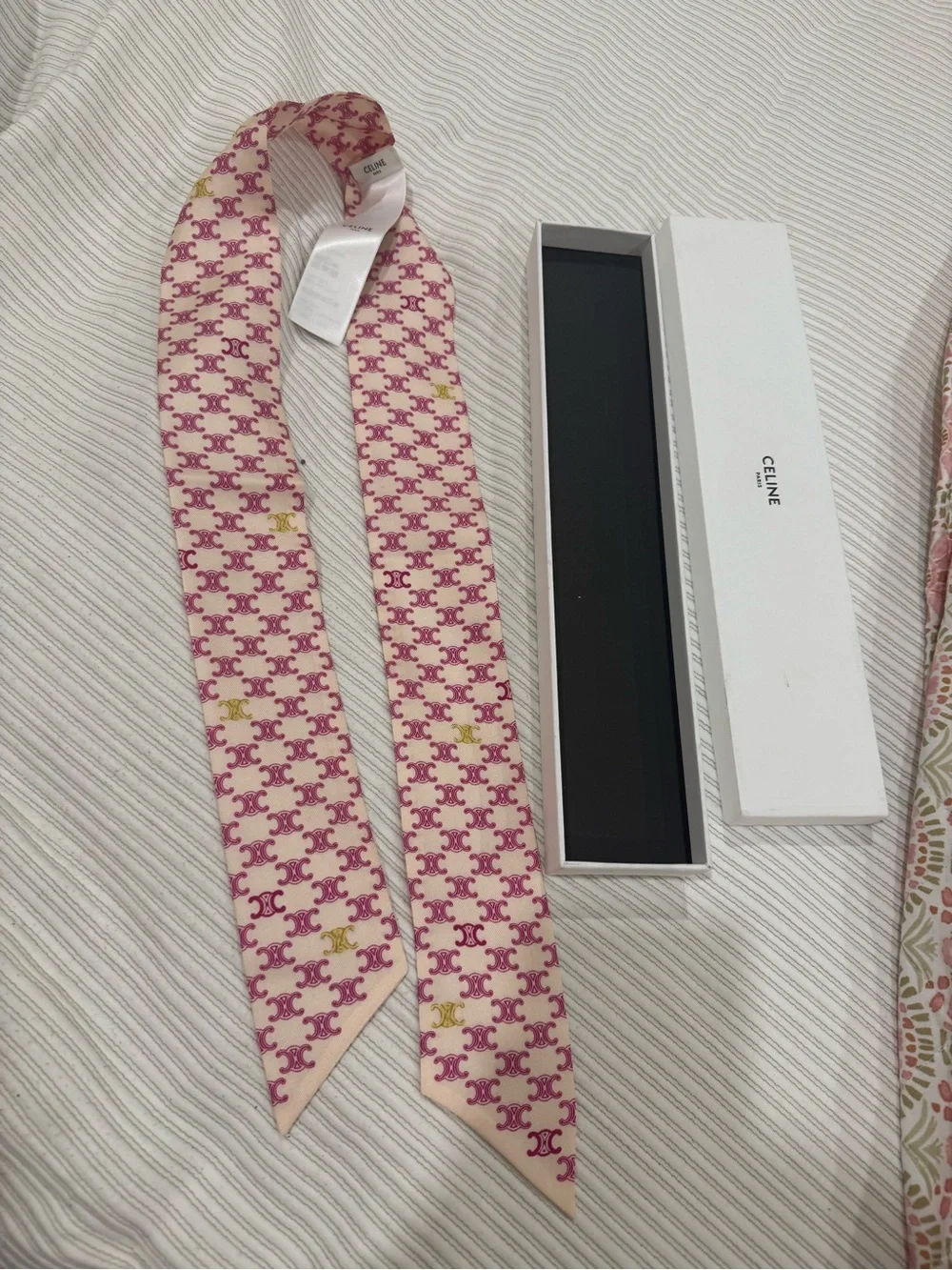 CELINE Cream and Pink Logo Silk Twilly with Gold Accents